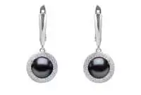 Eleganter schwarze Perlenohrringe hängend rund 9-9.5 mm, Zirkonia, Sich.verschluss 925er Silber, Gaura Pearls, Estland